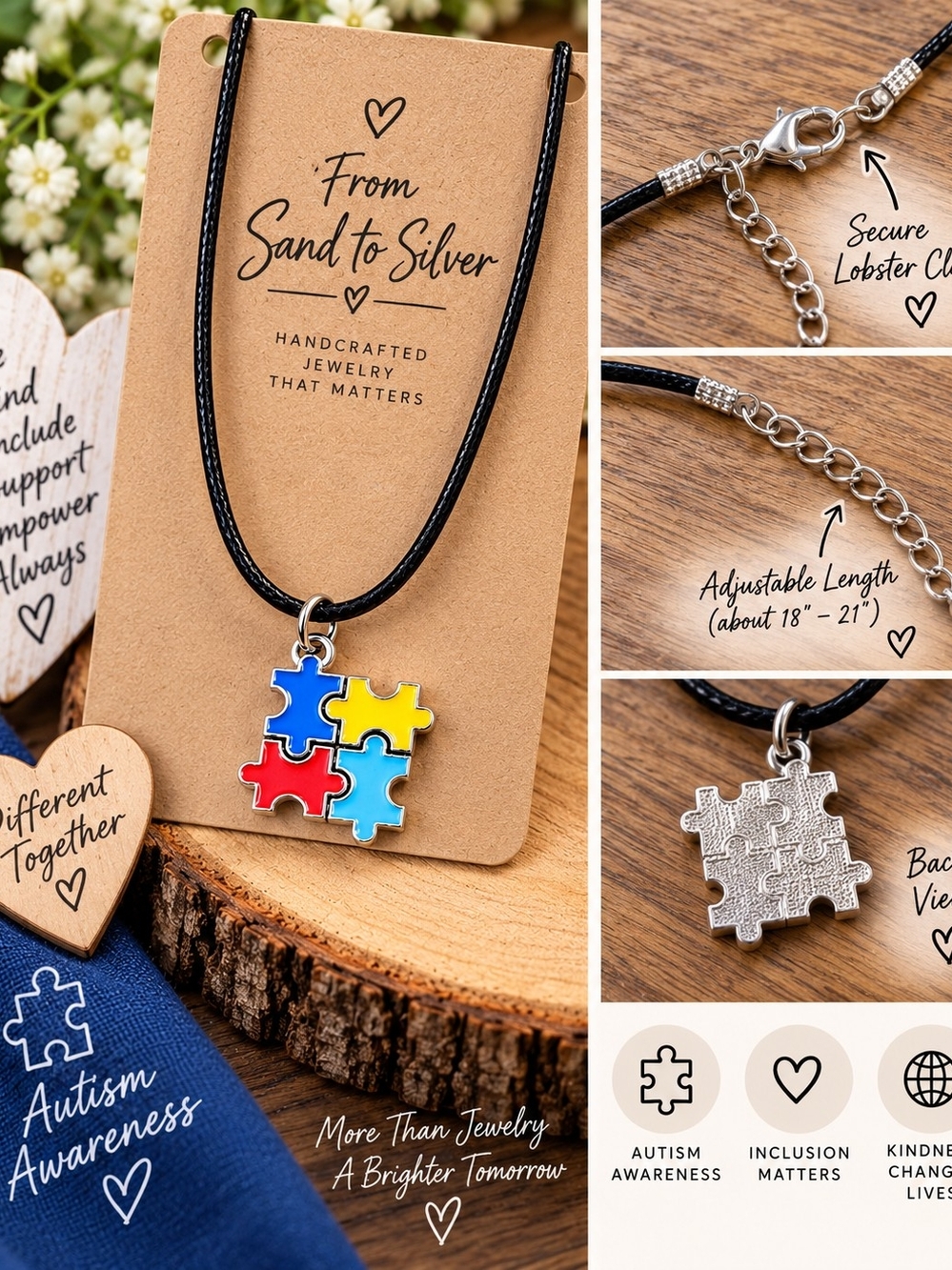 Autism Puzzle Pendant Necklace - Black Cord, Multicolor Puzzle Pieces